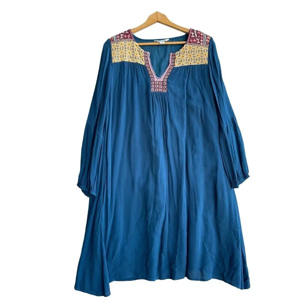 SUNDANCE Suelta Gauze Boho Dress Embroidered Long Sleeve Teal V-neck Women’s M